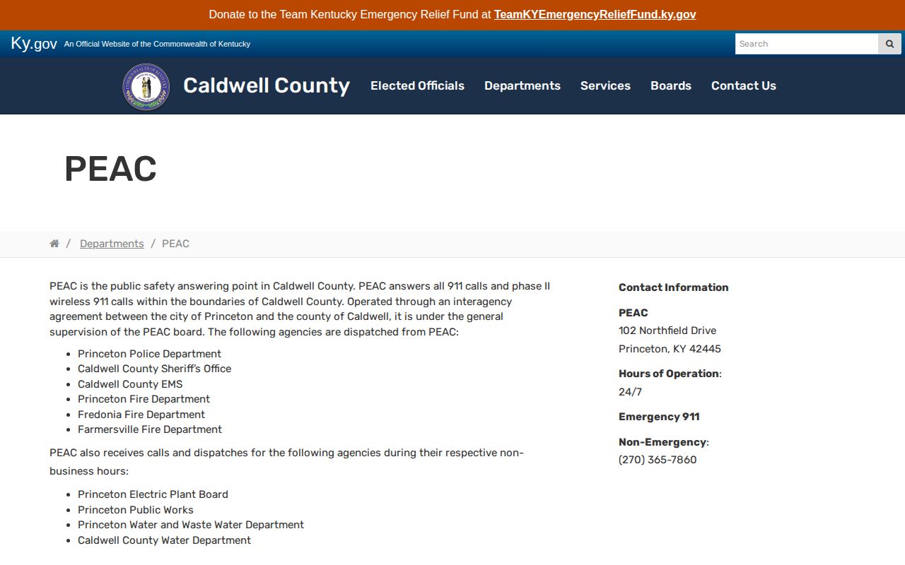 Caldwell County PEAC page listing dispatched public safety agencies including Fredonia Fire