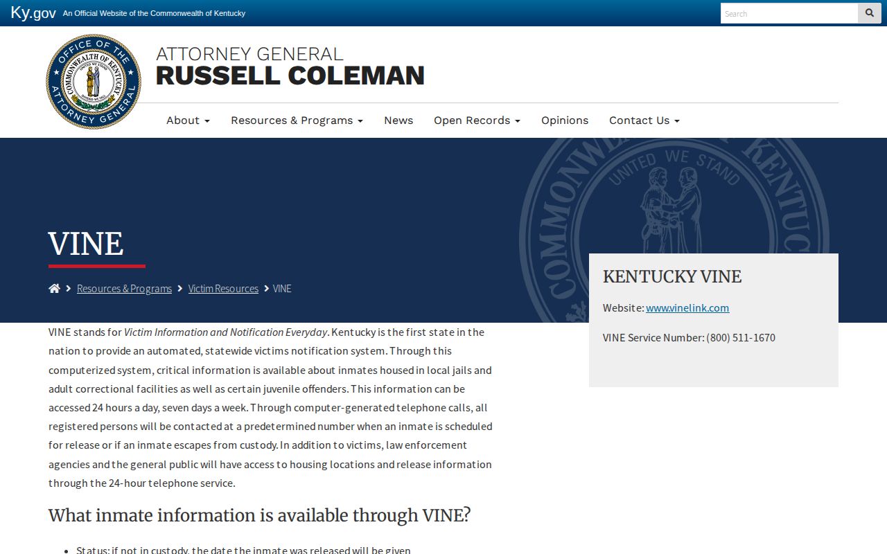 Kentucky Attorney General VINE page describing 24-hour custody notification service