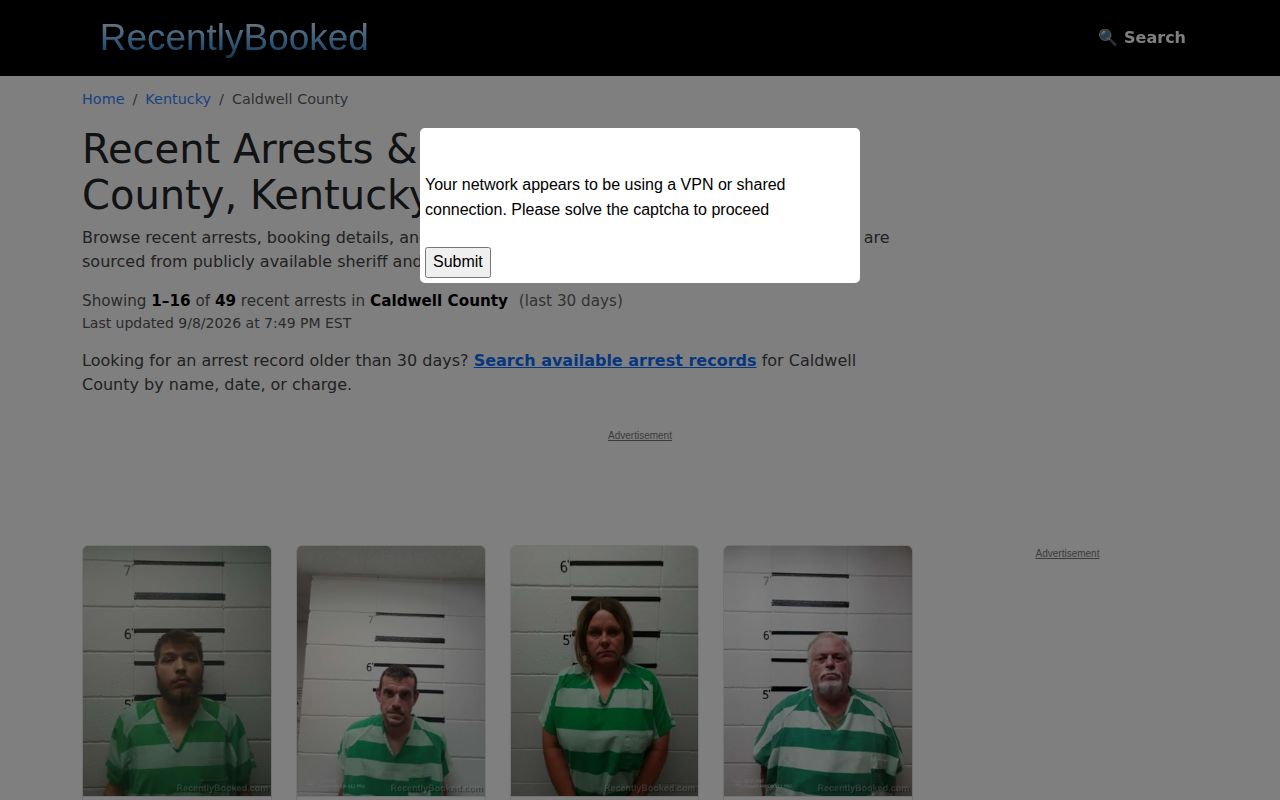 RecentlyBooked Caldwell County page showing unofficial update and record labels without a people gallery